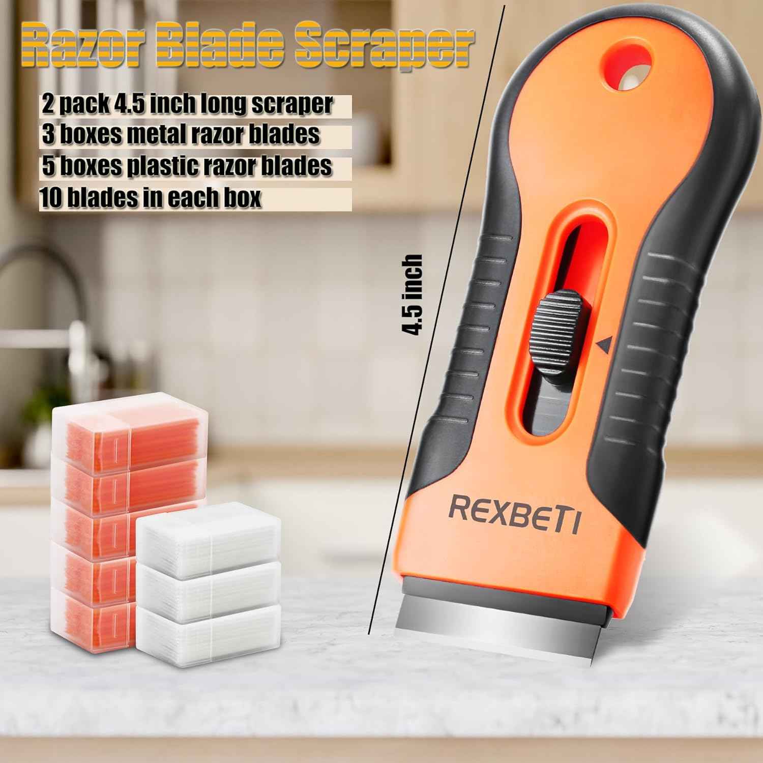 Rexbeti Razor Blade Scraper Tool, 2 Pack, Cleaning Scraper with Extra 80Pcs Razor Blades and 50Pcs Plastic Blades