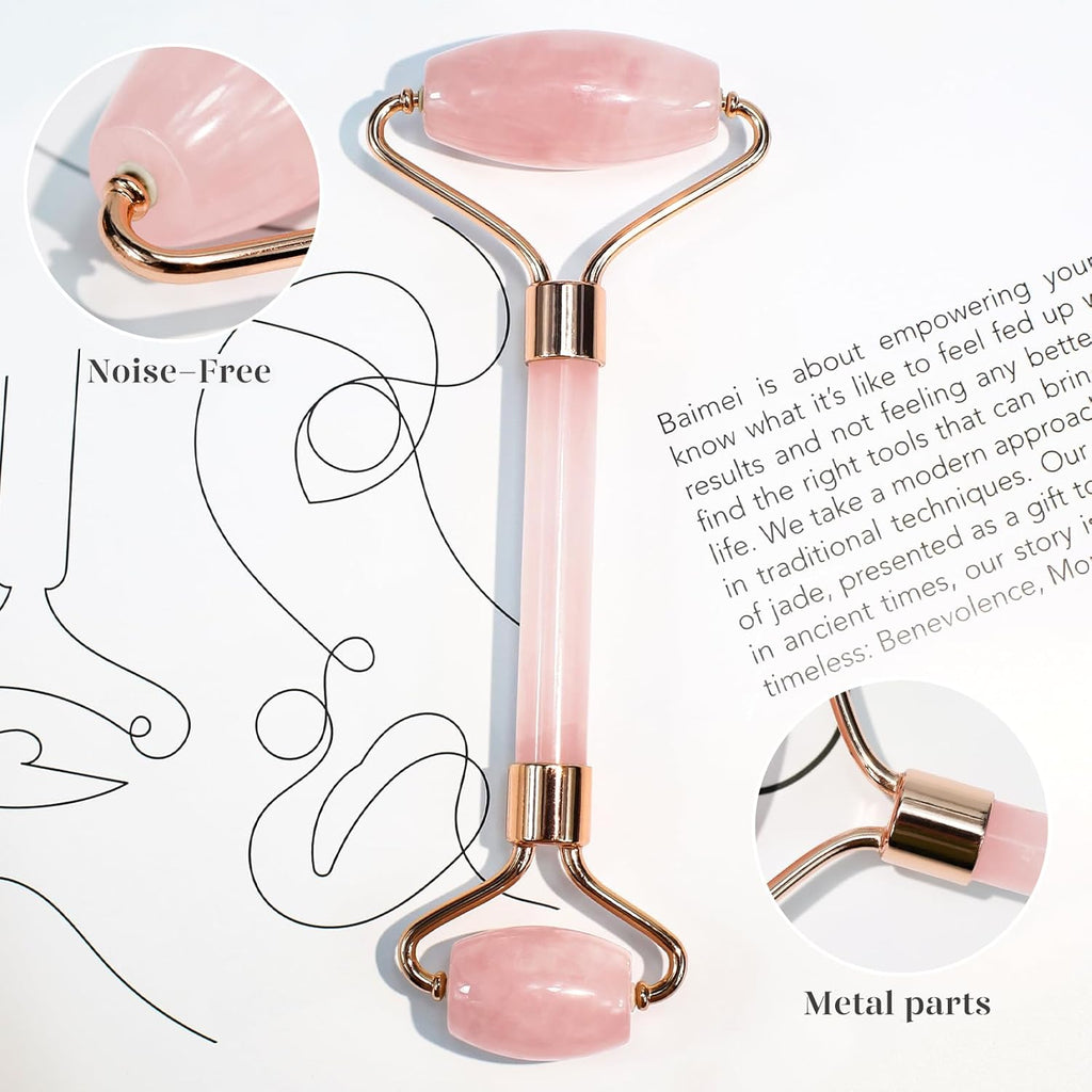 BAIMEI IcyMe rose quartz jade roller and gua sha for radiant skin, redness reducing self-care tools for men and women
