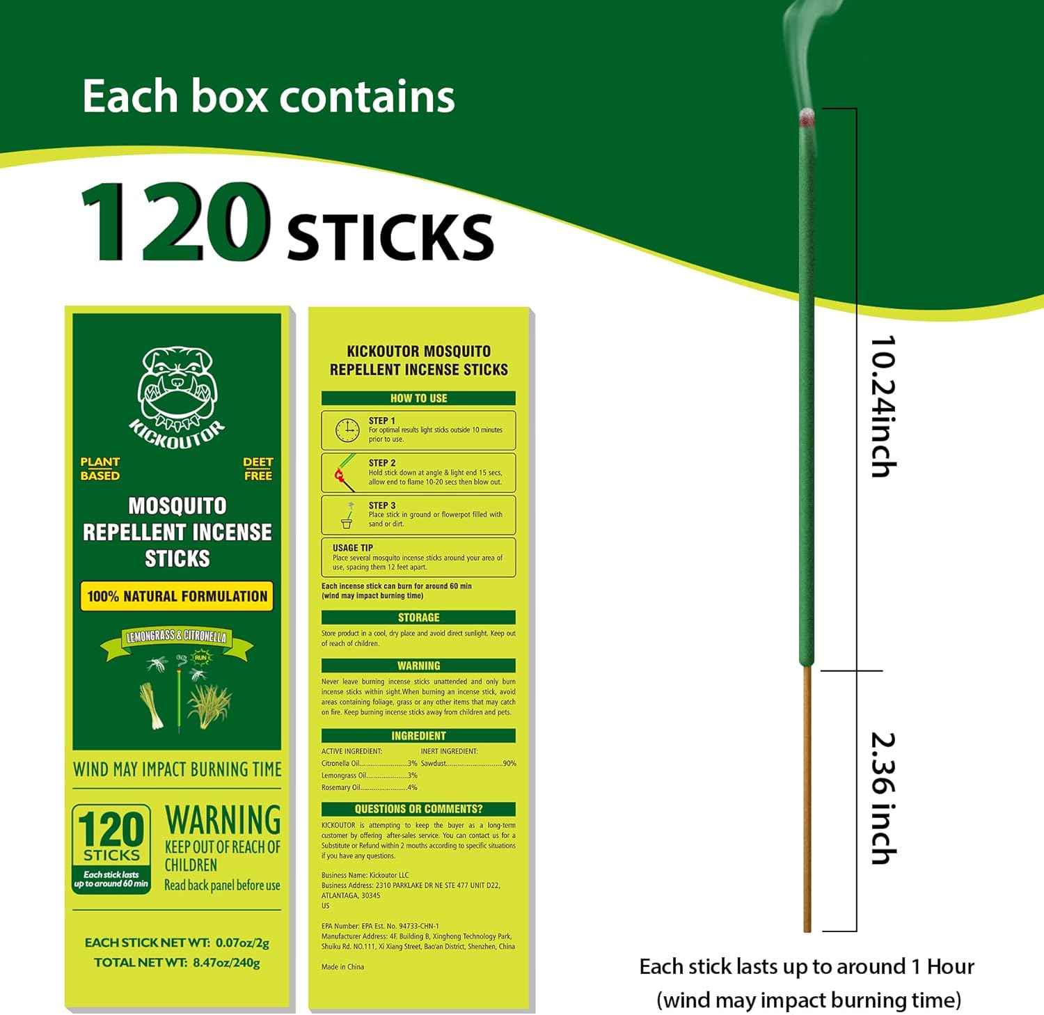 Kickoutor Mosquito Repellent Outdoor Patio 120 PCS Citronella Oil Mosquito Incense Sticks Natural Organic