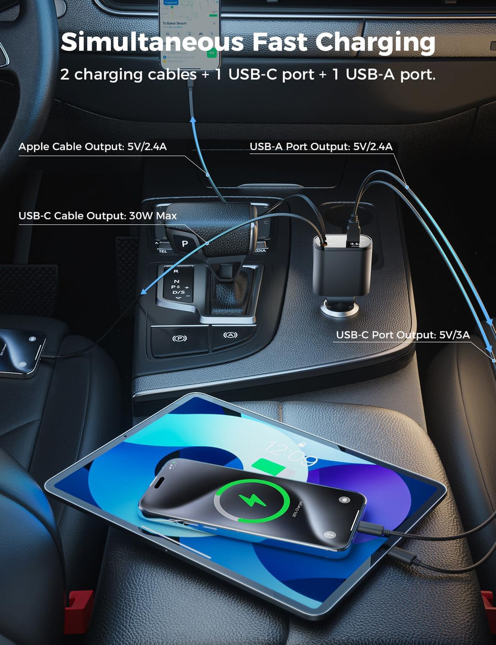 ‹ېUpgraded‹ÛÔ SUPERONE Retractable Car Charger 4 in 1, Fast Car Phone Charger with Cord 2.6ft, USB C and Apple Car Adapter, Compatible with iPhone 17 16 15/15 Pro Max/14/13/12/11, Galaxy, Pixel - ShopUS