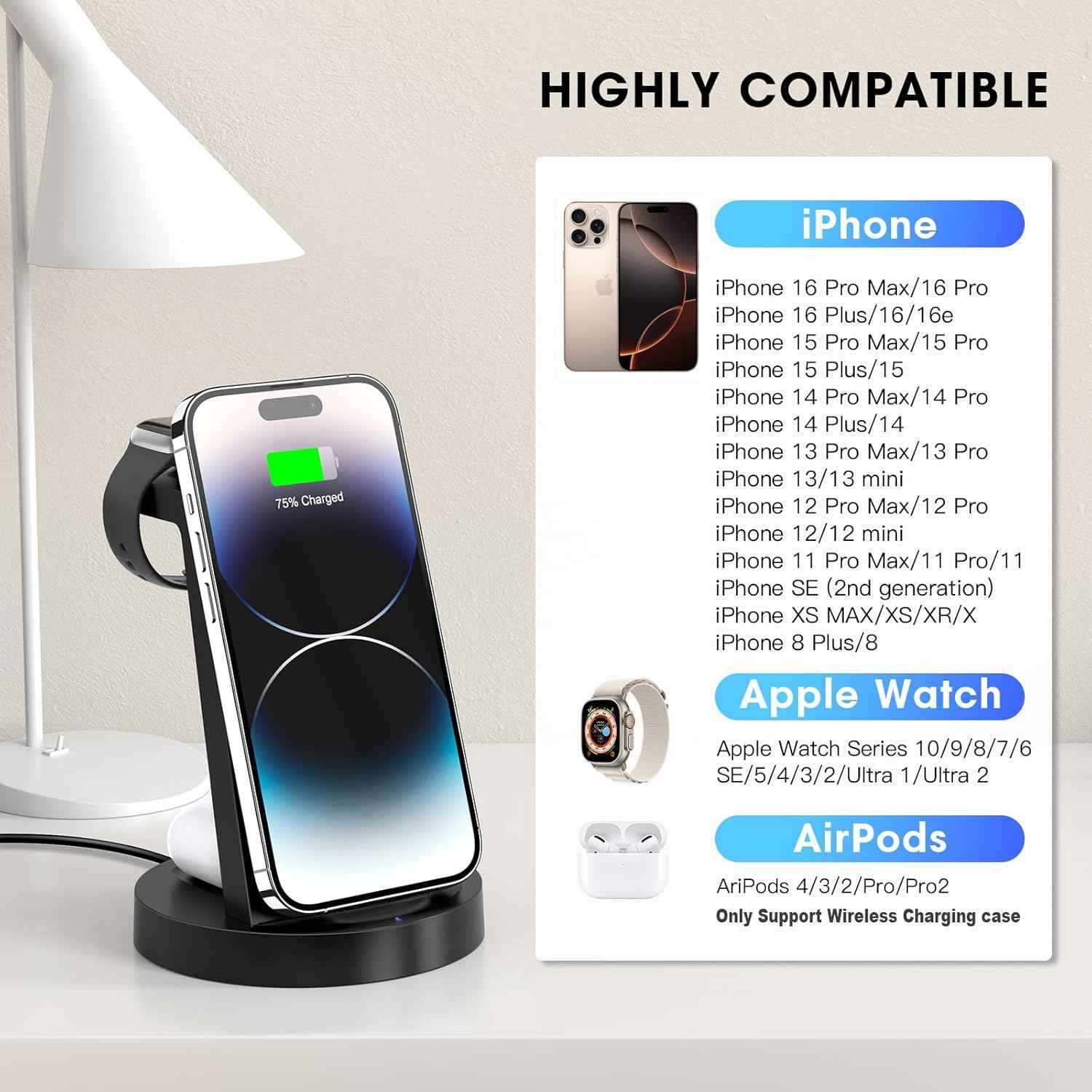 3-in-1 wireless charging station for iPhone, AirPods, and Apple Watch compatibility