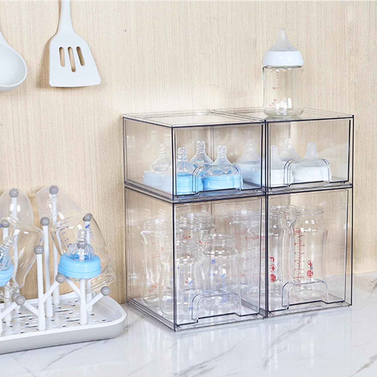 Vtopmart Stackable Storage Drawers Set of 5, Clear Plastic Organizer Bins for Baby Bottle, Beauty Supplies Storage, Ideal for Kichen Countertop, Vanity, Bathroom, Cabinet, Pantry Organization