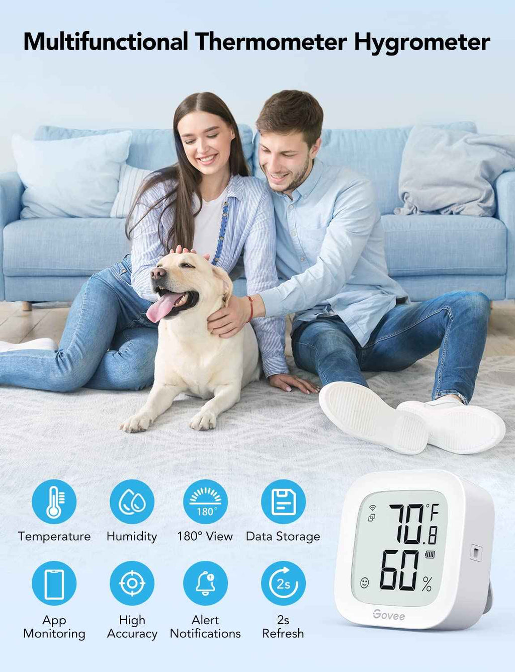 Govee WiFi Thermometer Hygrometer H5103, Indoor Bluetooth Temperature Humidity Sensor with Electronic Ink Display, App Notification Alert, Free Data Storage Export, Digital Remote Monitor for Bedroom