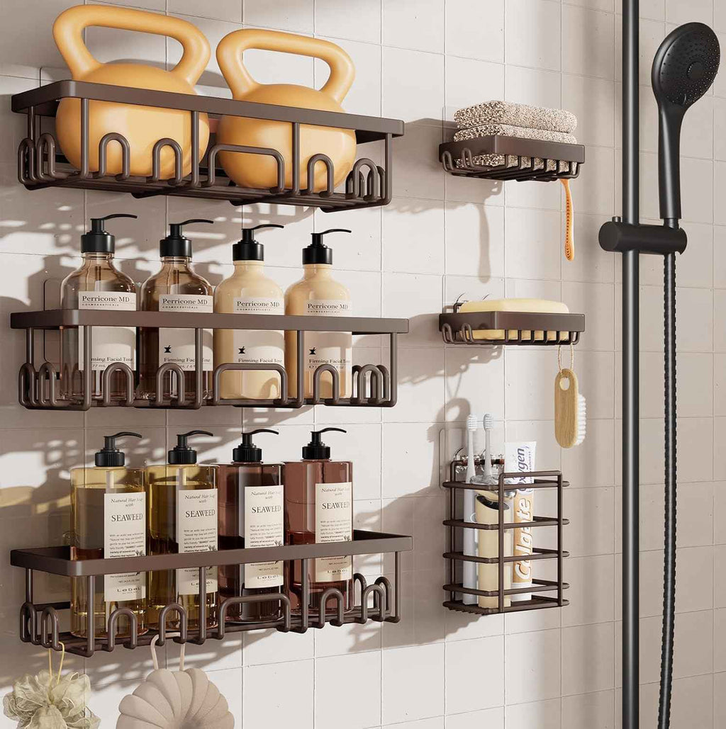 Veken Shower Caddy 6-Pack, Advanced Rustproof Design, No Drilling Adhesive Shelves, Rack with Soap Holder, Large Capacity Bathroom Organizers and Storage, Wall-Mounted Kitchen & Home Decor