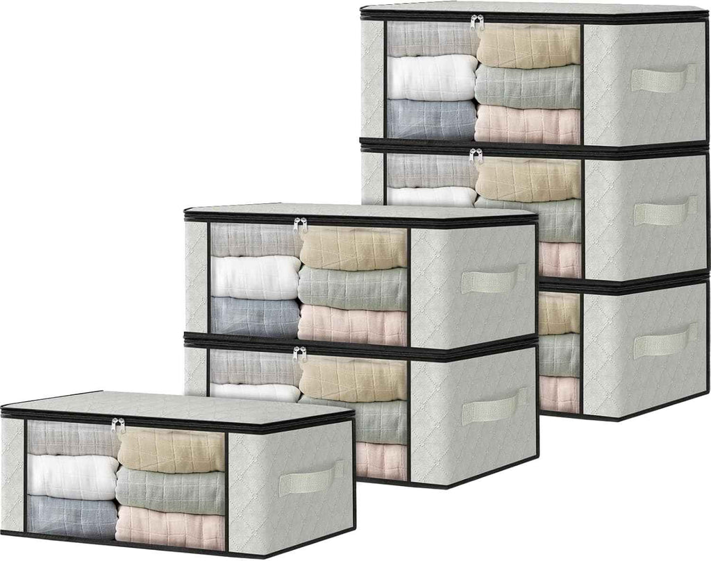 HomeHacks Storage 3-Pack Clothes Organizer Storage Bags Foldable Storage Box with Large Clear Window Sturdy Handles for Closet, Dorm, Pillows, Bedding, Clothes, Blankets, 35L, Gray