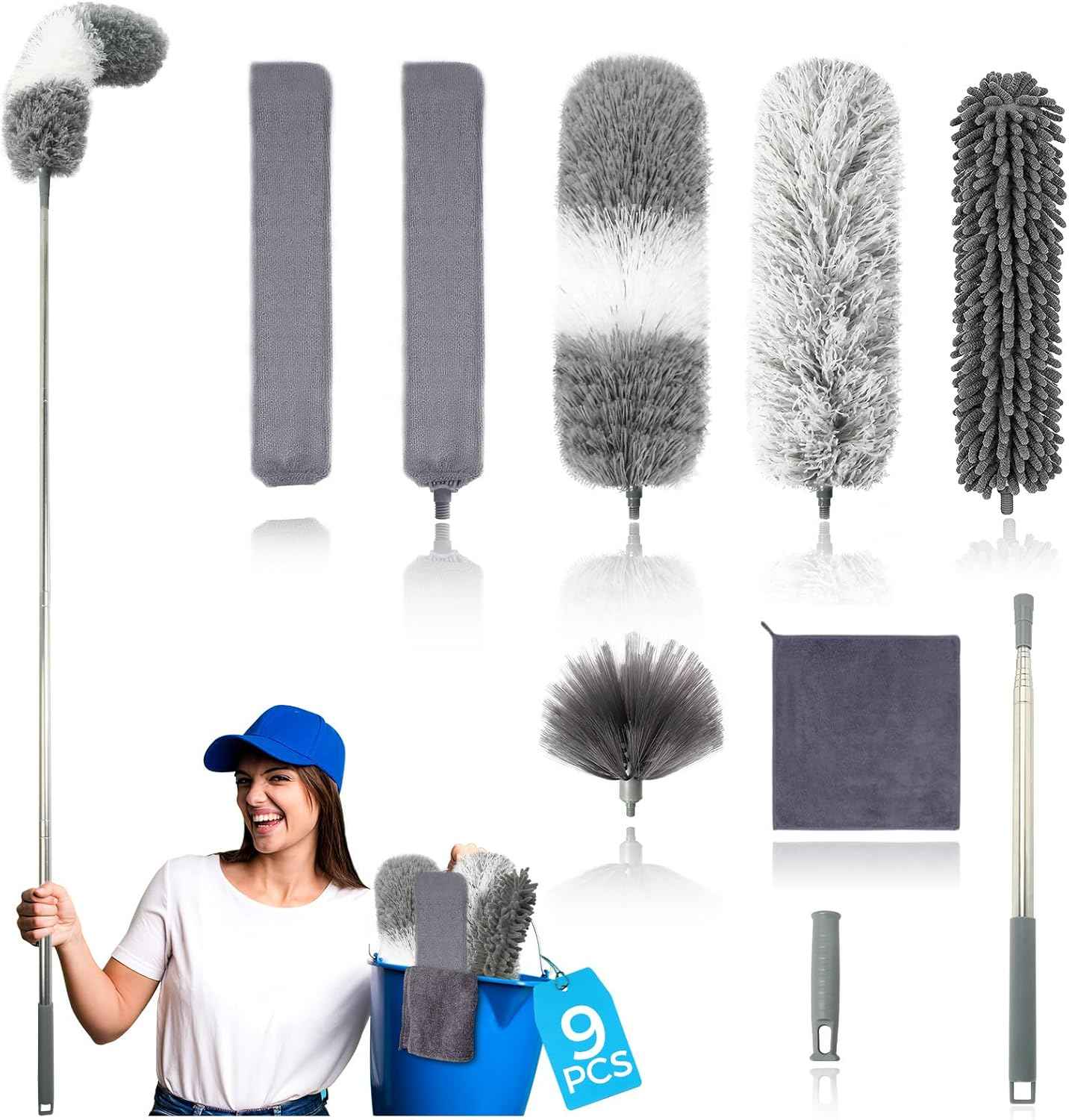 Retractable Gap Dust Cleaner Cleaning Tools with 2 Microfiber Dusting Cloths Long Handle 60inches Washable and Retractable Duster Brush for Cleaning Under Appliances Furniture Couch Fridge