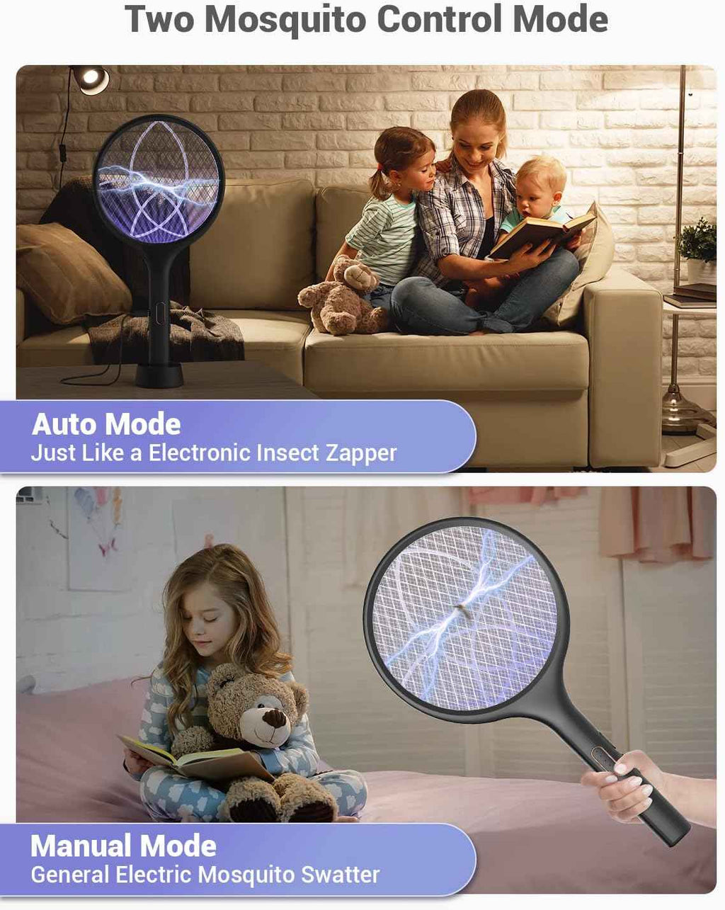 YISSVIC Electric Fly Swatter Bug Zapper Racket Dual Modes Mosquito Killer with Purple Mosquito Light Rechargeable for Indoor Home Office Backyard Patio Camping
