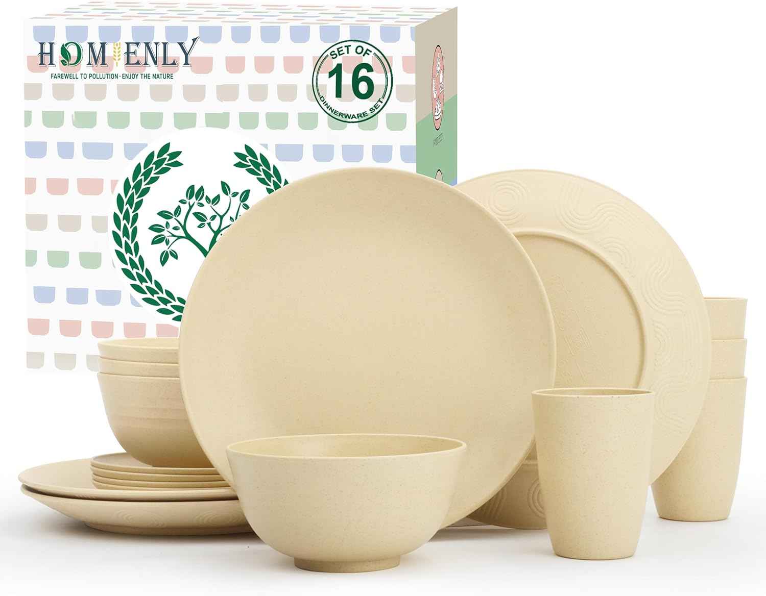 Homienly 40-Piece Premium Wheat Straw Dinnerware Sets, Service for 8, Unbreakable Plates and Bowls Set - Cups Sets, Dinner Plates, Bowls for Kitchen,Dishwasher and Microwave Safe Dishes Set - Multi