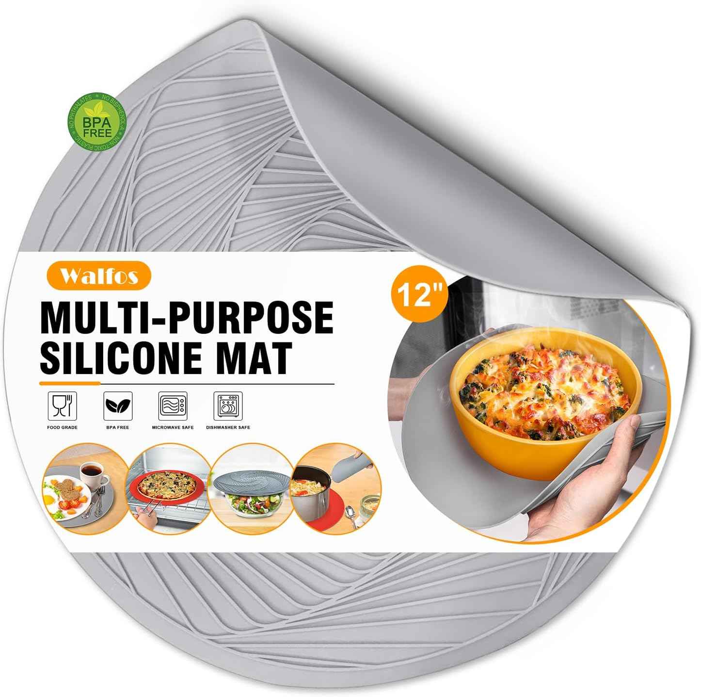 Walfos Silicone Trivet Mats - 4 Heat Resistant Pot Holders, Multipurpose Non-Slip Hot Pads for Kitchen Potholders, Hot Dishers, Jar Opener, Spoon Holder, Food Grade Silicone & BPA Free (Black)