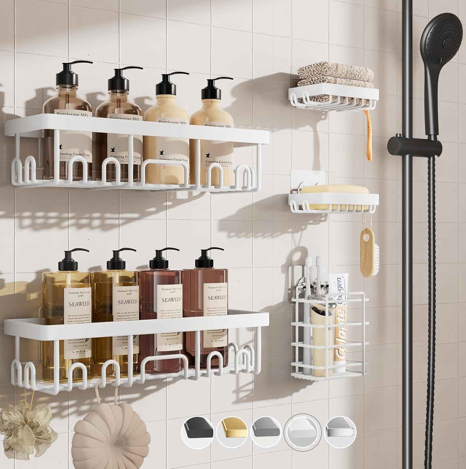 Veken Shower Caddy 6-Pack, Advanced Rustproof Design, No Drilling Adhesive Shelves, Rack with Soap Holder, Large Capacity Bathroom Organizers and Storage, Wall-Mounted Kitchen & Home Decor