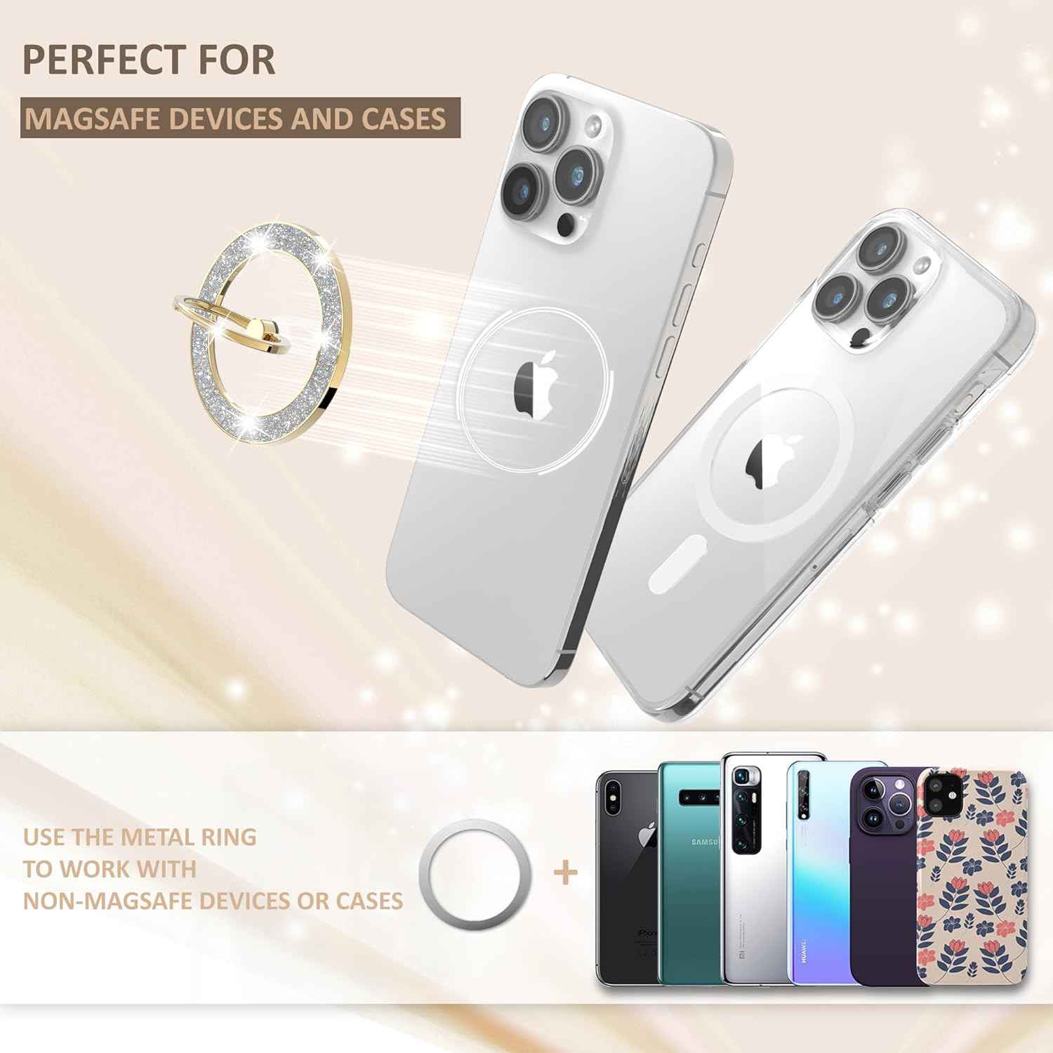 Magnetic Phone Ring Holder for MagSafe Cell Phone Grip Stand Finger Ring Stand Compatible with iPhone 17 16 15 14 13 12 Pro Max MagSafe Accessories Android. (Glitter Gold)