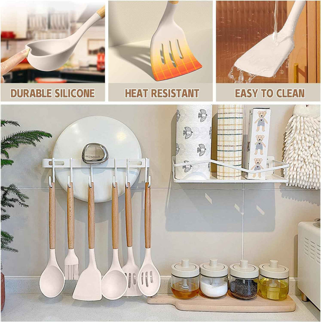 Umite Chef 33 Pcs Non-Stick Silicone Cooking Utensils Set with Holder, Wooden Handle, Silicone Kitchen Gadgets Utensil Set