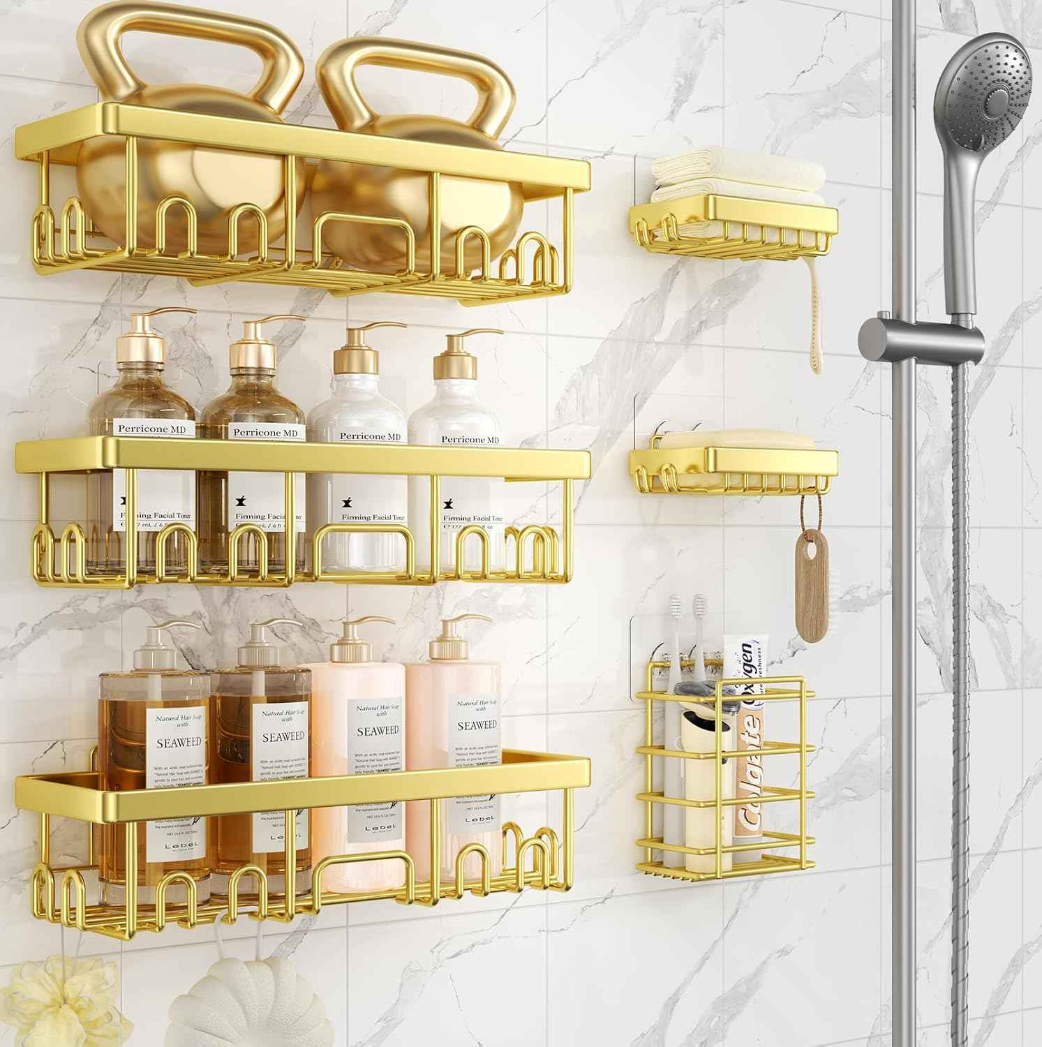 Veken Shower Caddy 6-Pack, Advanced Rustproof Design, No Drilling Adhesive Shelves, Rack with Soap Holder, Large Capacity Bathroom Organizers and Storage, Wall-Mounted Kitchen & Home Decor