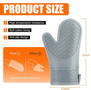 Grey Silicone Oven Mitts, Heat Resistant 2PCS with Soft Cotton Lining, Waterproof Grip, Kitchen Potholder, 12.5 Inch