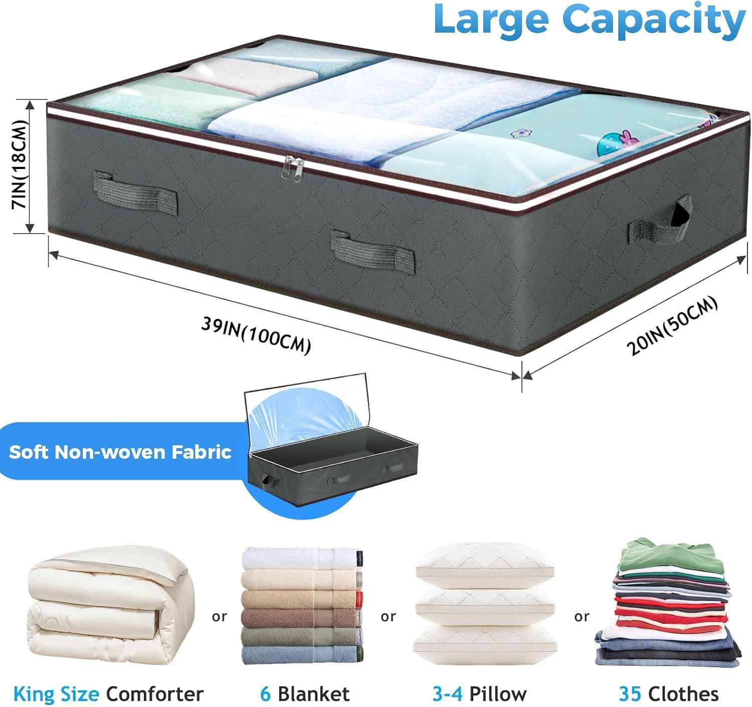 Budding Joy 90L Foldable Underbed Storage Containers, Closet Organizers for Blankets, Clothing, Comforters, Pillows, Linen Sheets