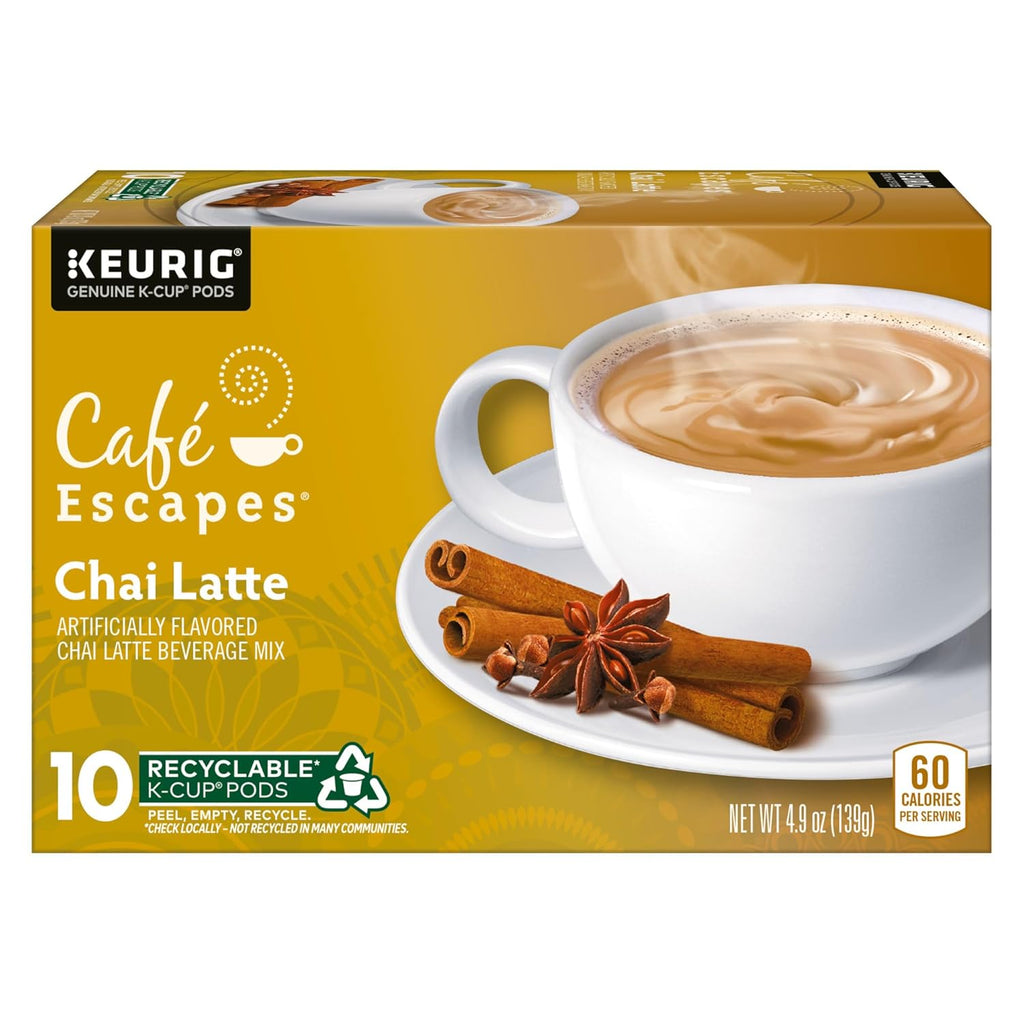 Café Escapes Chai Latte single-serve K-cup pods in 60 count box, low caffeine, contains milk, black tea and spices