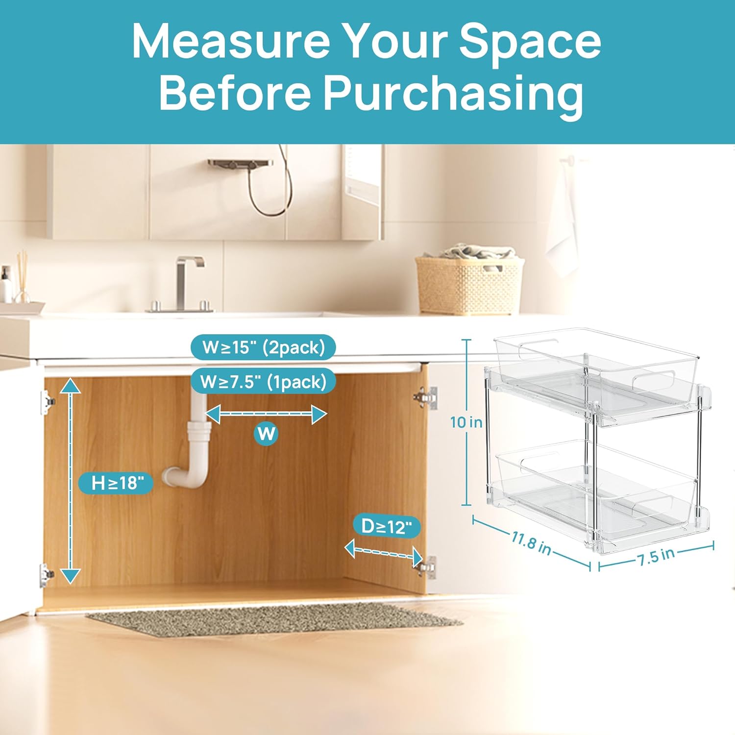 Vtopmart 4 Pack Bathroom Organizer, 2 Tier Clear Under Sink Organizers Vanity Countertop Storage Container,Cabinet Drawers Bins, Pull-Out Organization with Track for Pantry, Kitchen