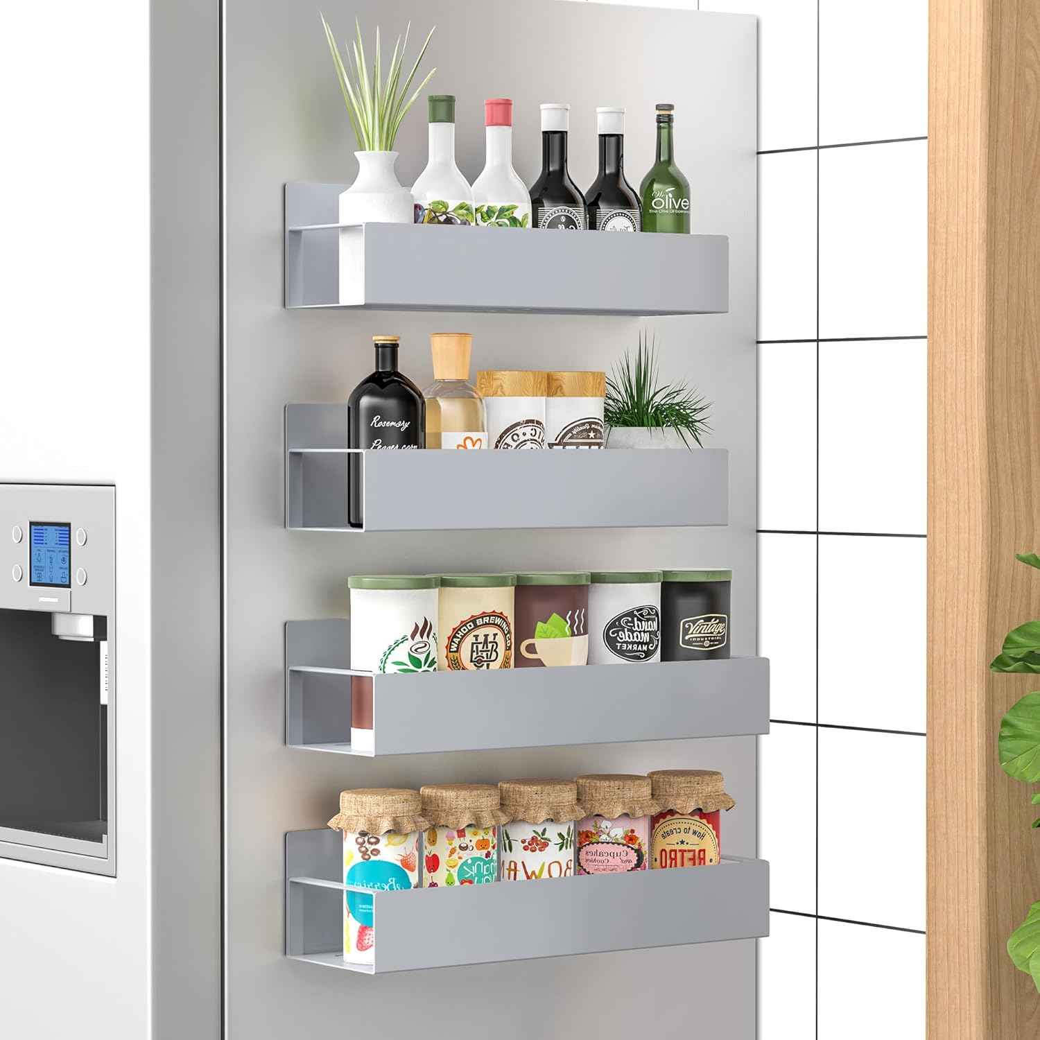 Metal 4 Pack Magnetic Spice Storage Rack Organizer for Refrigerator and Oven, Black Fridge Organizers and Storage