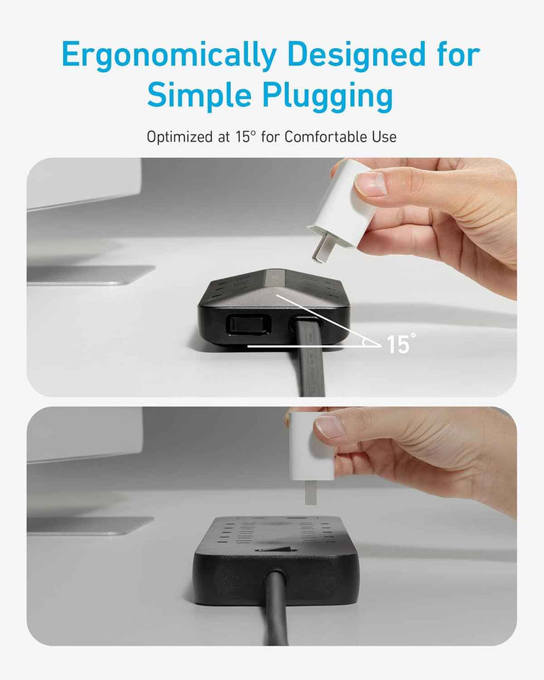 Anker 300J Flat Plug 10-in-1 Ultra Thin Power Strip with 6 AC, 2 USB-A & 2 USB-C Ports, Extension Cord, Desk Charging Station for Home, Office, College, Dorm, 5 Feet, Black