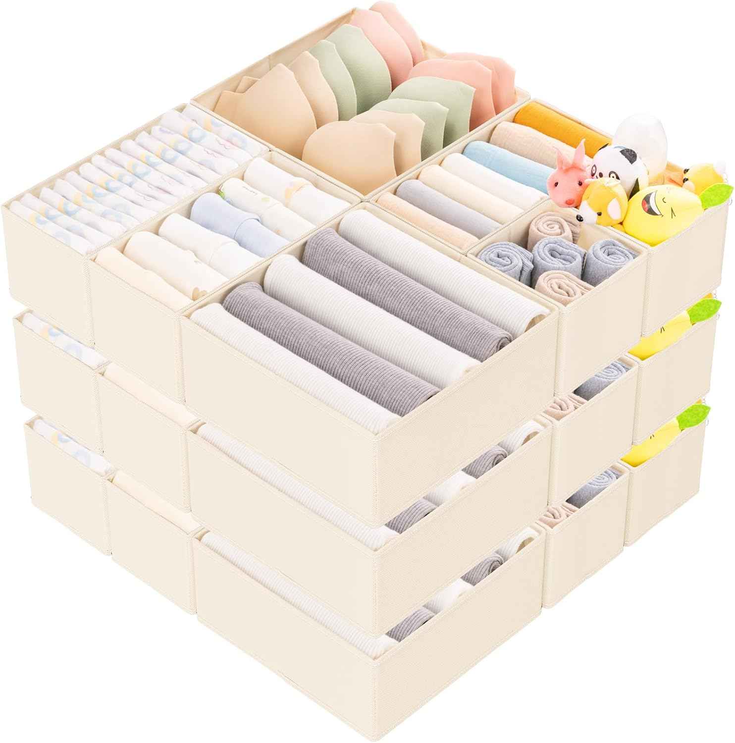 Criusia 15-Piece Beige Fabric Drawer Organizer Set with 3 Sizes for Closet and Dresser