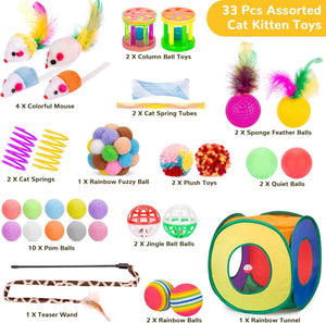 retro shaw cat toys pack, 33pc interactive kitten toys for indoor cats with collapsible play tunnel and feather wand