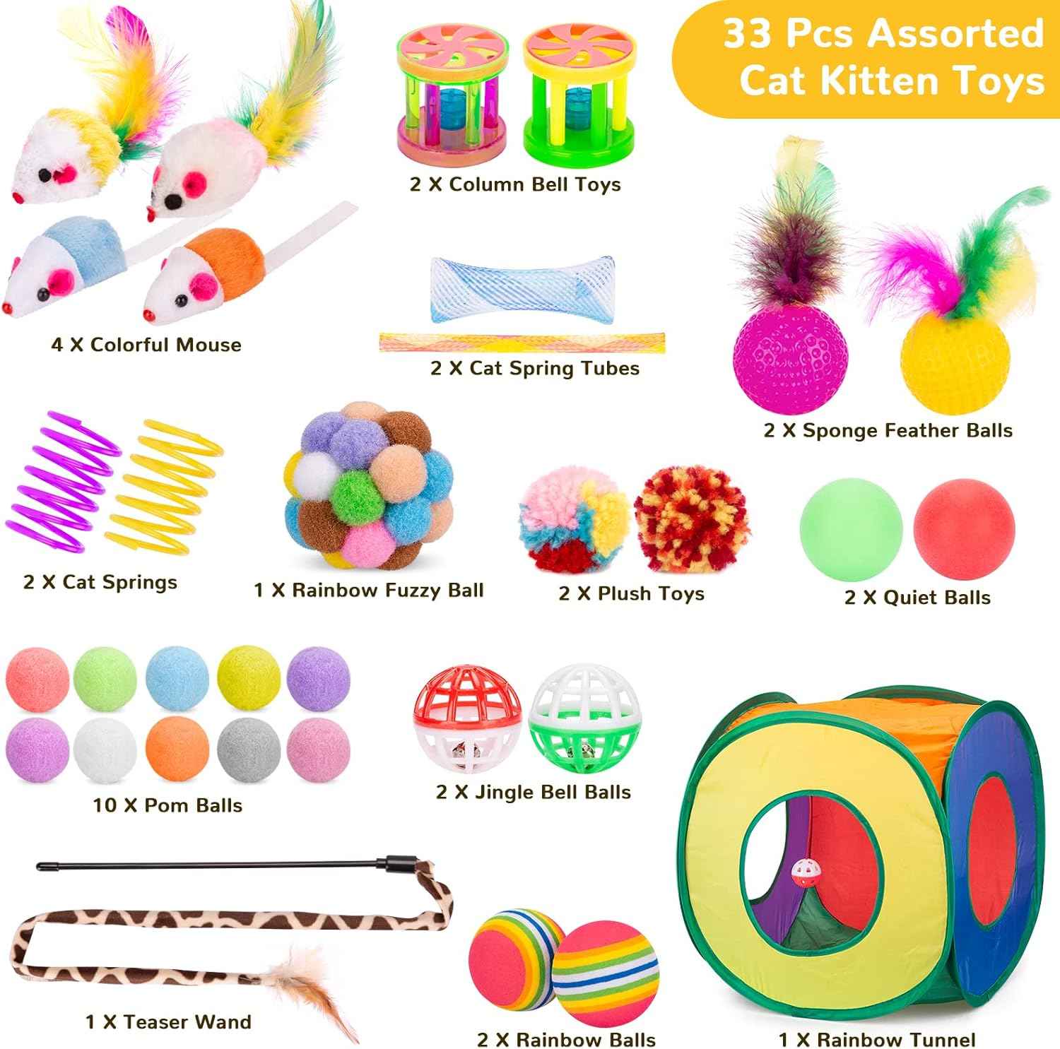 retro shaw cat toys pack, 33pc interactive kitten toys for indoor cats with collapsible play tunnel and feather wand