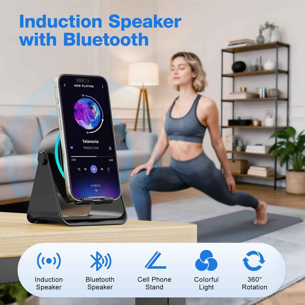 Tarkari 5-in-1 wireless induction speaker with 360° rotation stand and colorful ambient light, compatible with iPhone, iPad, and Android