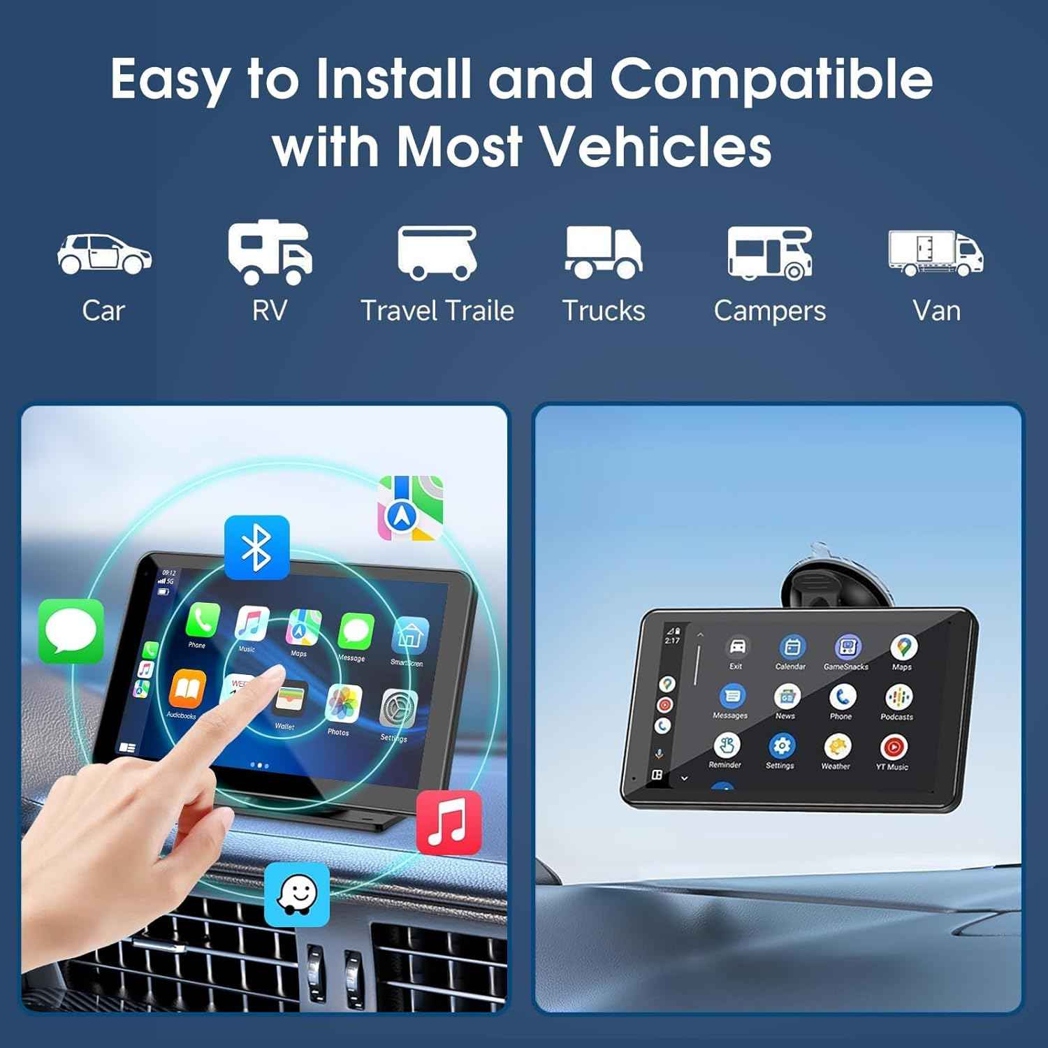Carplay Screen for Car, 7" HD Wireless Portable Car Play Touchscreen Stereo with Android Auto Mirror Link/Backup Camera/GPS Navigation/Satellite Radio for All Vehicles