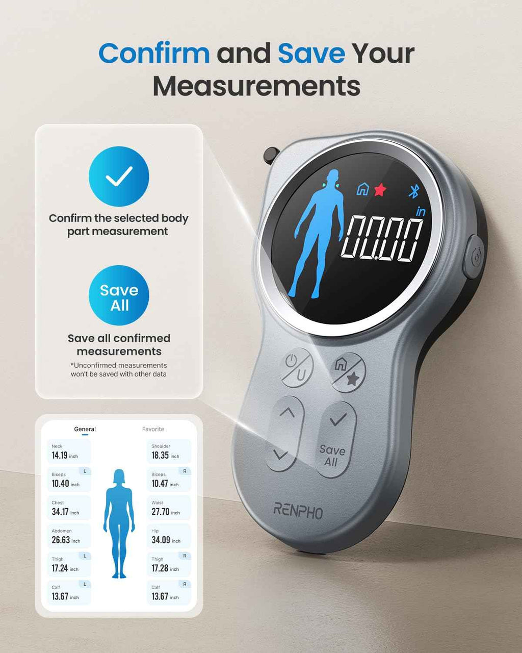 Renpho Smart Tape Measure with Bluetooth, Large Display, Weight Loss Fitness Tracker for Body Measuring Circumference Length