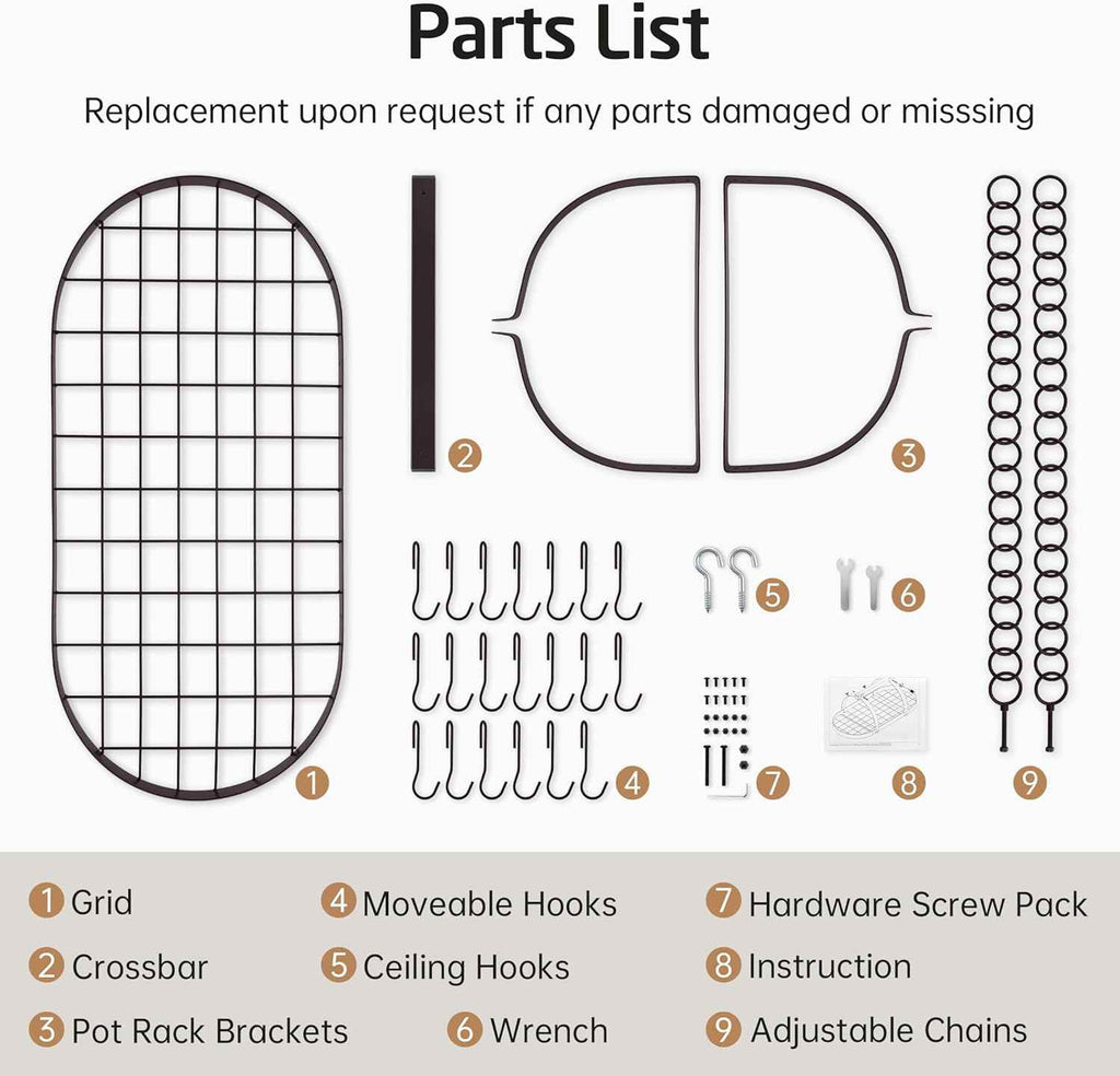 KES 34 Inch Oiled Bronze Hanging Pot Rack, Heavy Duty Oval Pot and Pan Hanging Rack Ceiling Mount, Pot Pan Hangers for Kitchen with 20 Hooks, (For 16" and 24" Joist Mount), KUR221S85-OB