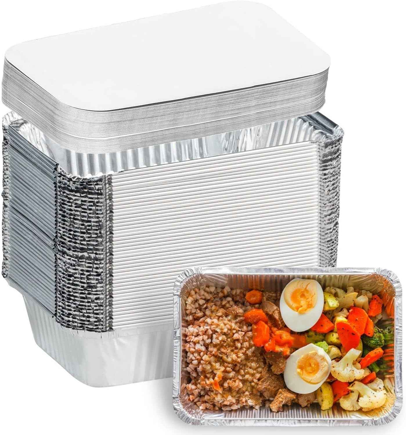 50-Pack Aluminum Foil Pans with Lids, 8.5"×6", 2.25 LB Capacity, Disposable Tin Foil Pans for Baking, Meal Prep and Freezer, Takeout