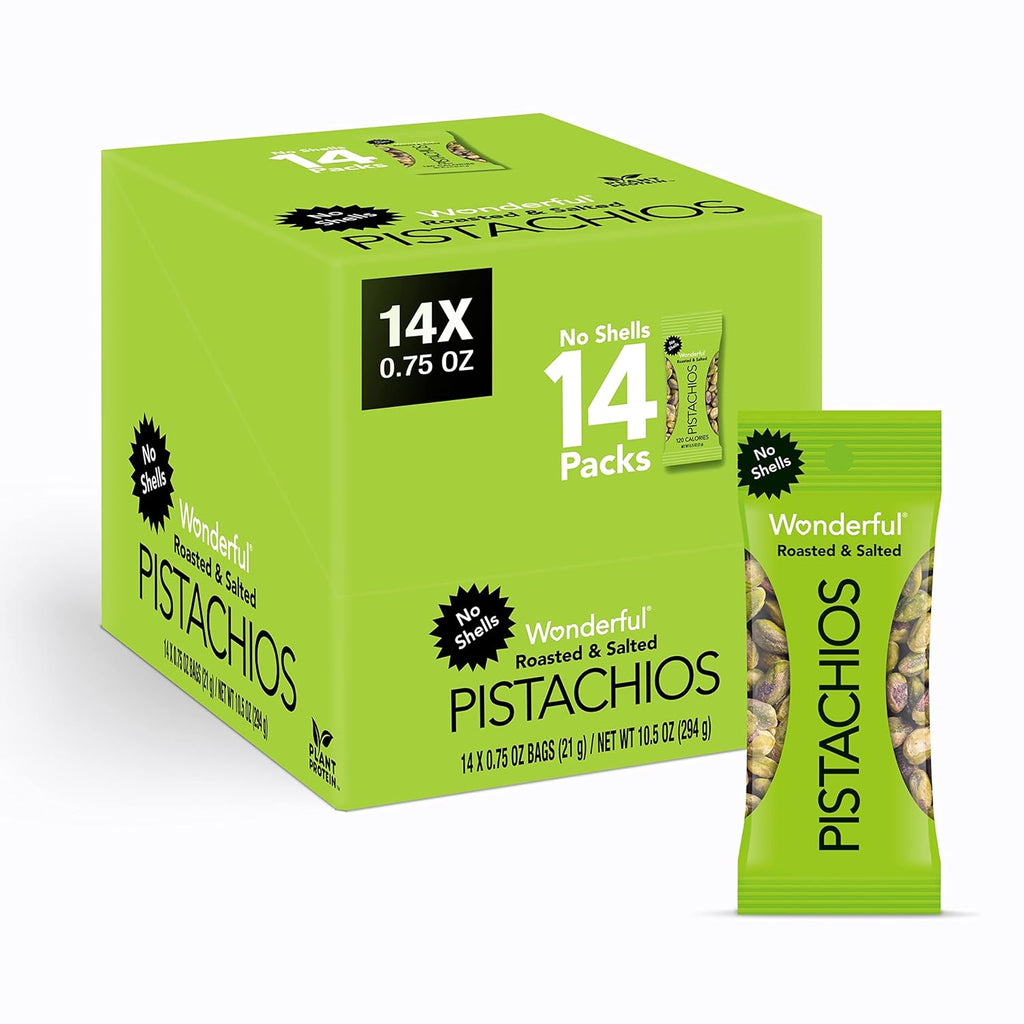 wonderful pistachios no shells roasted & salted nuts 0.75 ounce bag pack of 14 protein snacks