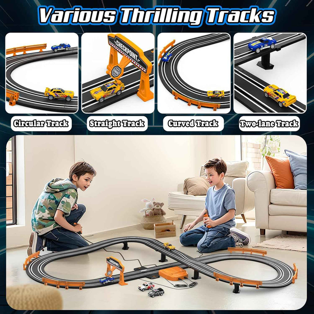 slot car race track set, 2 high-speed cars, battery or electric, dual racing game, lap counter, toys for kids