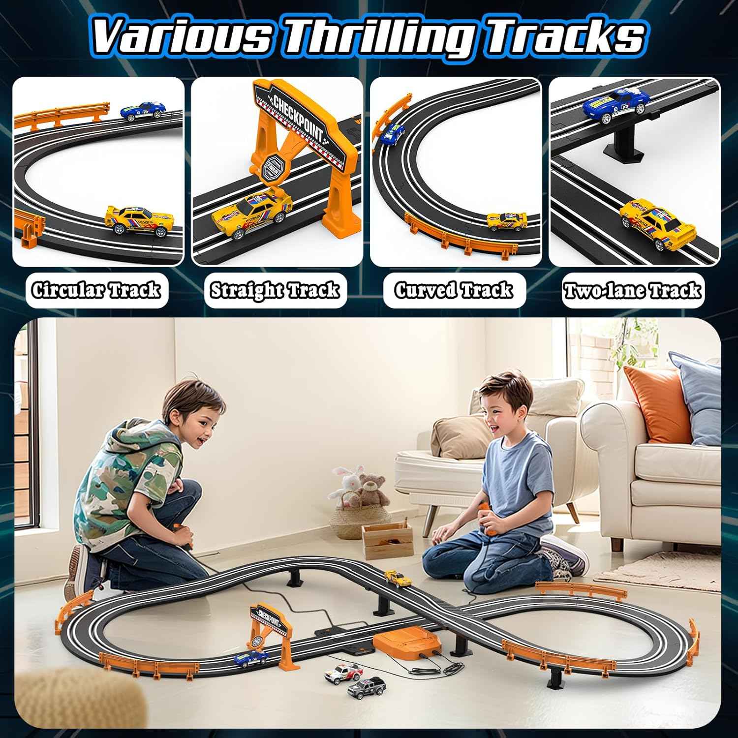 slot car race track set, 2 high-speed cars, battery or electric, dual racing game, lap counter, toys for kids