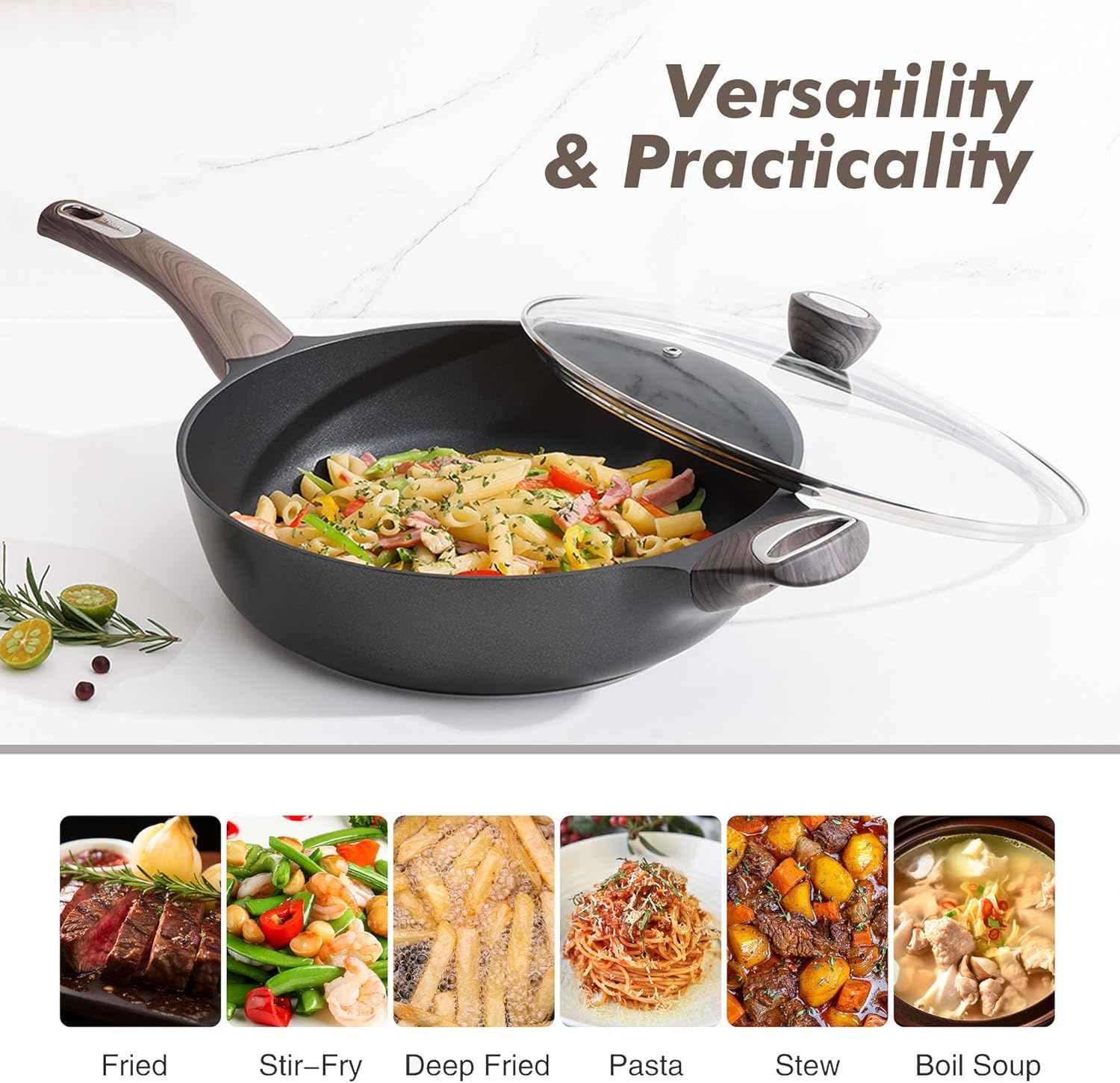 SENSARTE Nonstick Frying Pan Skillet with Lid, 12 Inch Large Deep Frying Pan, 5 Qt Non Stick Saute Pan with Cover, Induction Pan, Healthy Non Toxic Cooking Pan with Helper Handle, PFOA PFOS Free