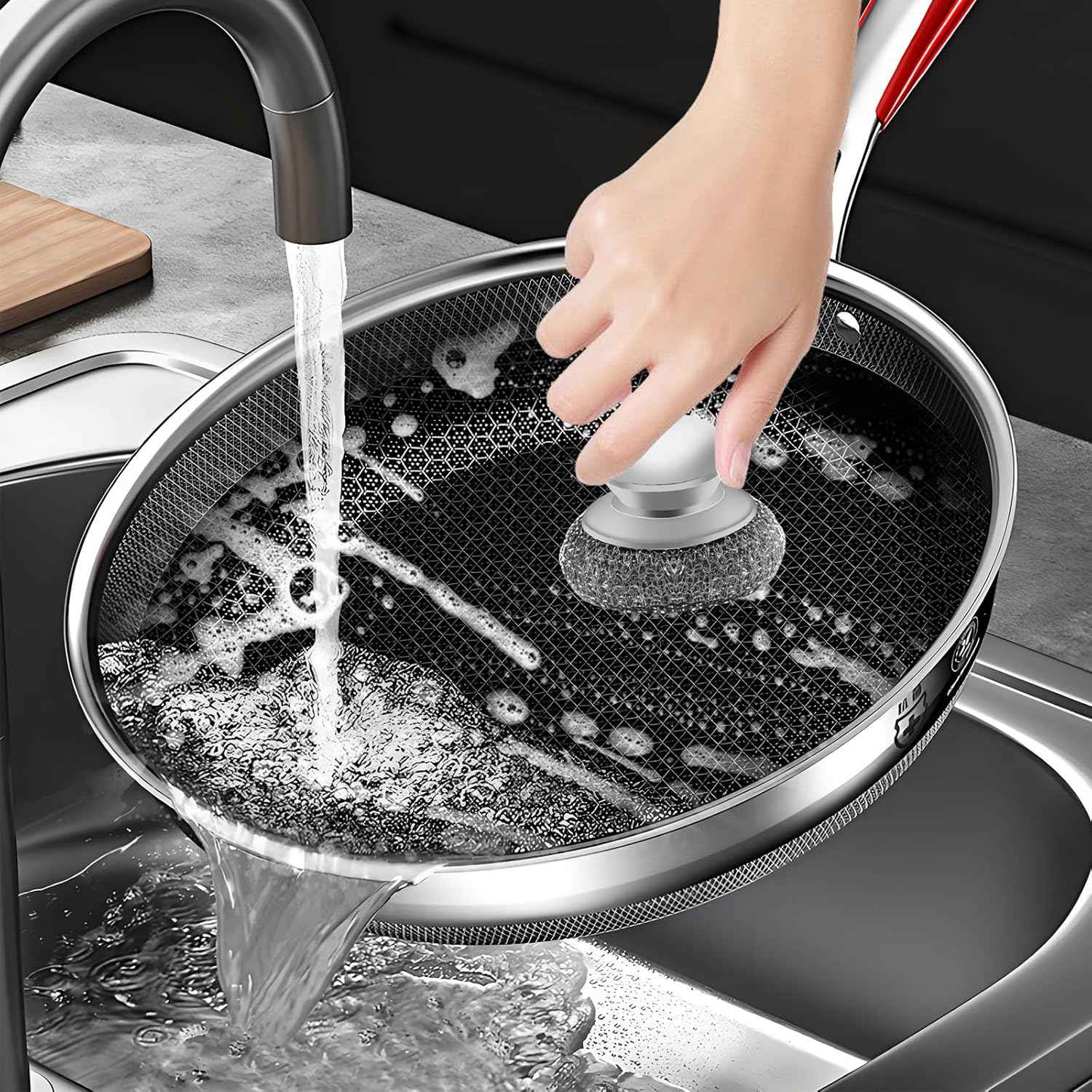 stainless steel wool scrubber with 2 replacement pads for cleaning metal pans pots grills