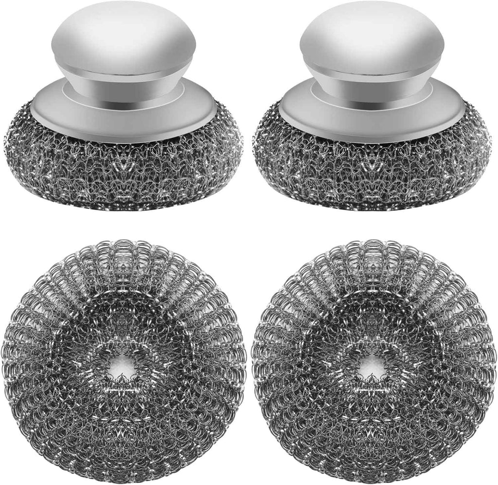 Stainless Steel Wool Scrubber with 2 Replacement Pads for Cleaning Metal Pans, Pots, Grills & More