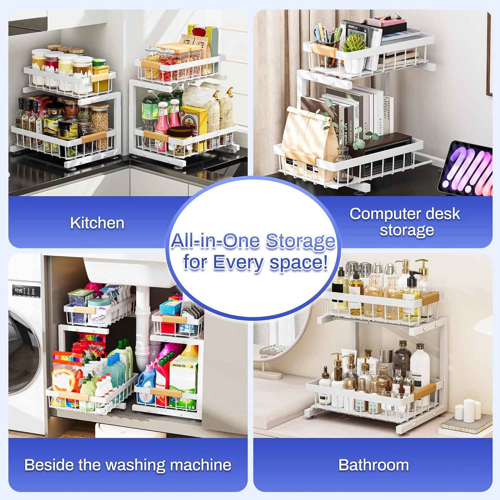 ADBIU Under Sink Organizer, 2 Pack 2 Tier Expandable Height Kitchen Bathroom Cabinet Organizers