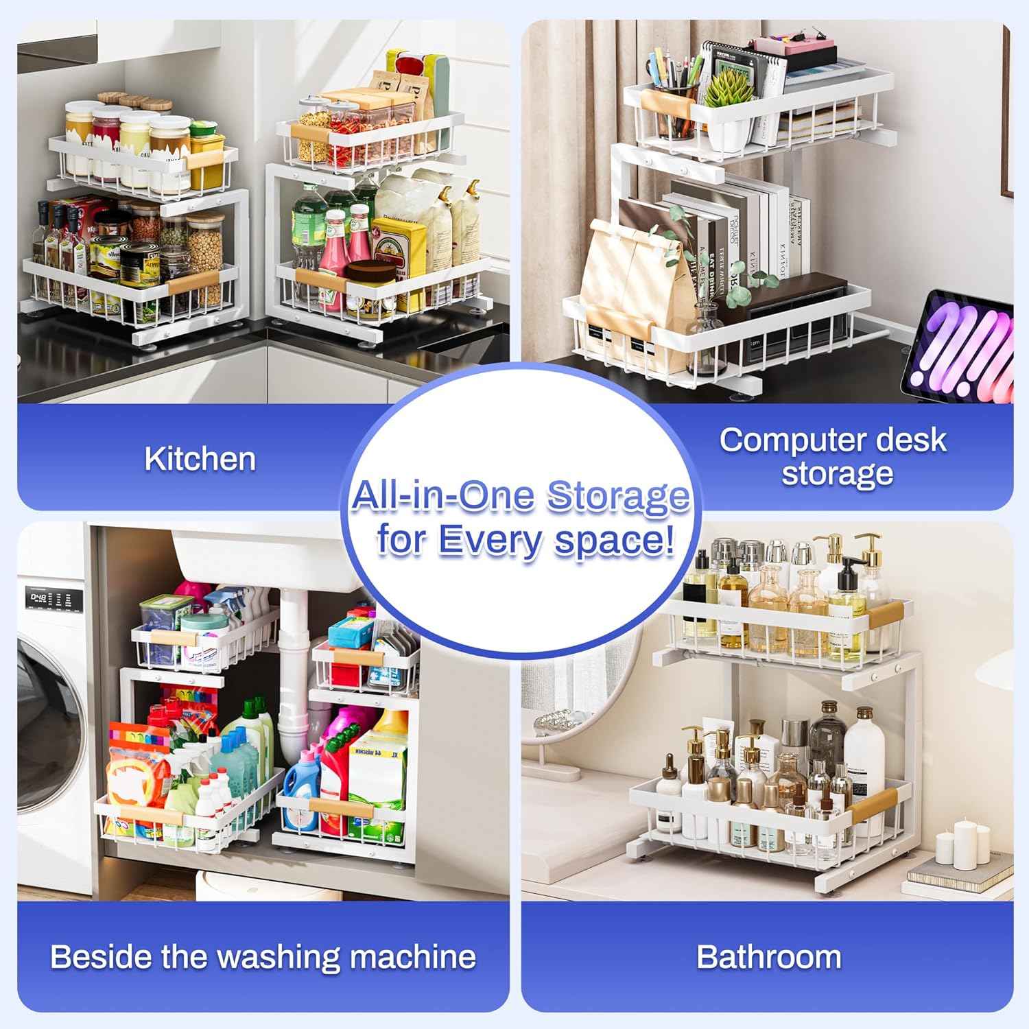ADBIU Under Sink Organizer, 2 Pack 2 Tier Expandable Height Kitchen Bathroom Cabinet Organizers
