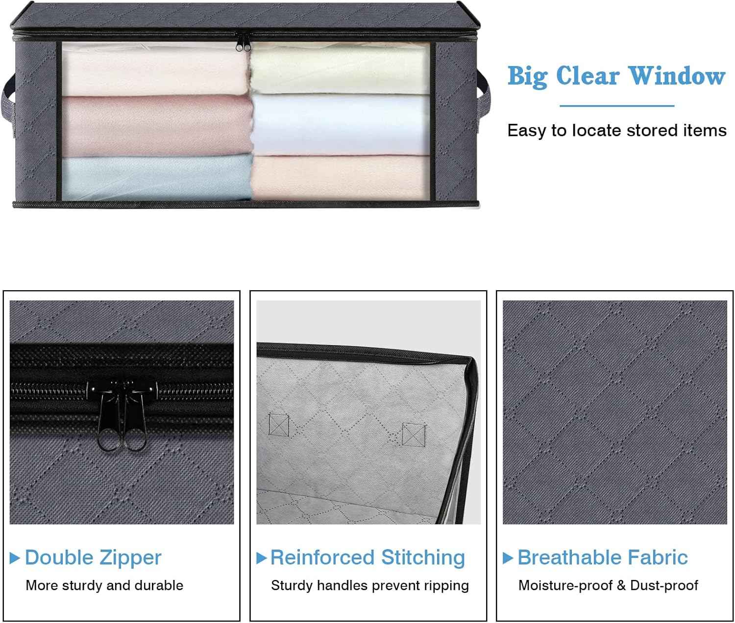 HomeHacks Storage 3-Pack Foldable Clothes Organizer Storage Bags with Clear Window and Sturdy Handles
