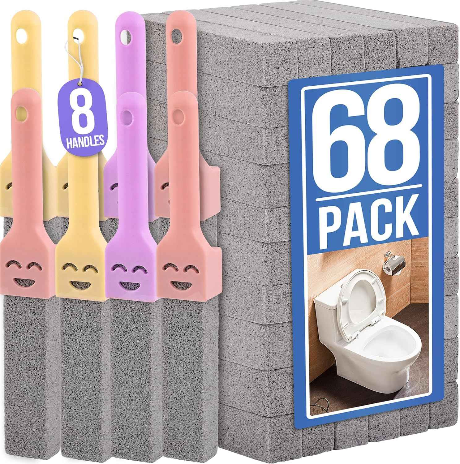 Navona 8 Pack Pumice Stone Scouring Sticks with 2 Universal Handles, Grey Pumice Stone Cleaner for Cleaning Toilets, Bathrooms, Kitchens, Spas and Pools