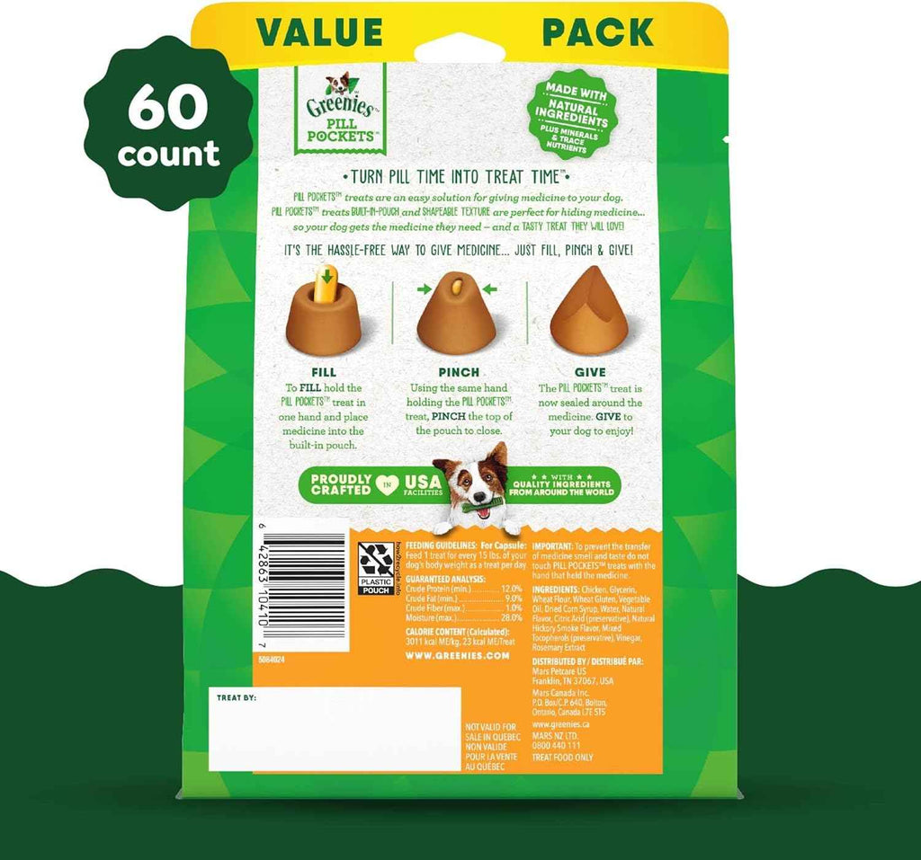Greenies Pill Pockets for Large Dogs, Chicken Flavor, 15.8 oz Pouch, 60 Treats