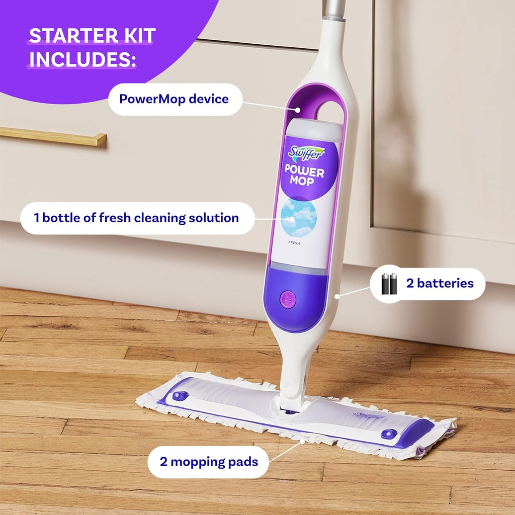 Swiffer PowerMop Multi-Surface Mop Kit for Floor Cleaning, Includes PowerMop, 2 Mopping Pad Refills, 1 Cleaning Solution with Fresh Scent and 2 Batteries - ShopUS
