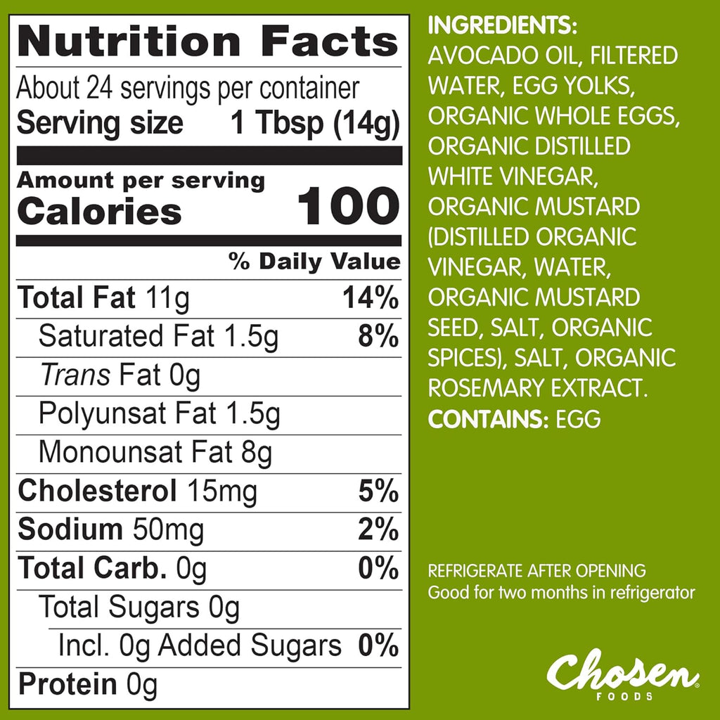 Chosen Foods 100% Avocado Oil-Based Classic Mayonnaise, Gluten-Free, Low-Carb, Keto Diet Friendly, 12 fl oz