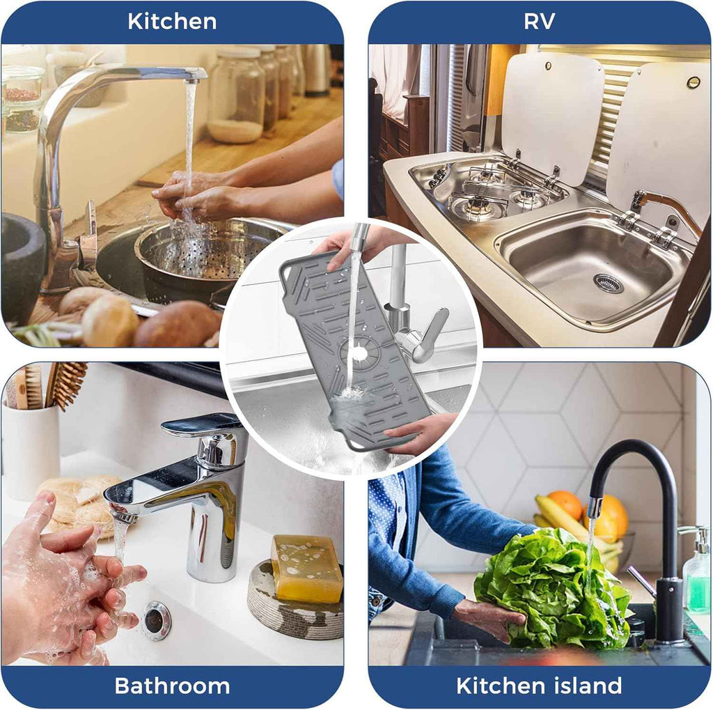 BFONS Silicone Faucet Handle Drip Catcher Drying Tray Mat Dish Soap Sponge Holder Accessories Gadgets for Kitchen Counter Bathroom Kitchen Sink Splash Guard -Grey