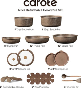 CAROTE 17-Piece Non-Stick Cookware Set, Induction Kitchen Pots and Pans, Oven and Dishwasher Safe, Brown