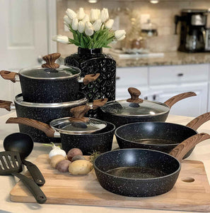 Kitchen Academy Induction Pots and Pans Set Non Stick - 12 Piece Granite Cookware Set, Black Kitchen Nonstick Cooking Pans Set
