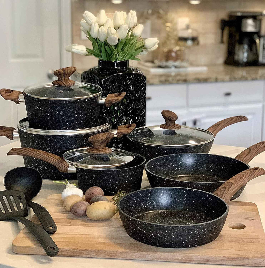 12-Piece Granite Cookware Set with Non-Stick Coating and Wood Look Handles