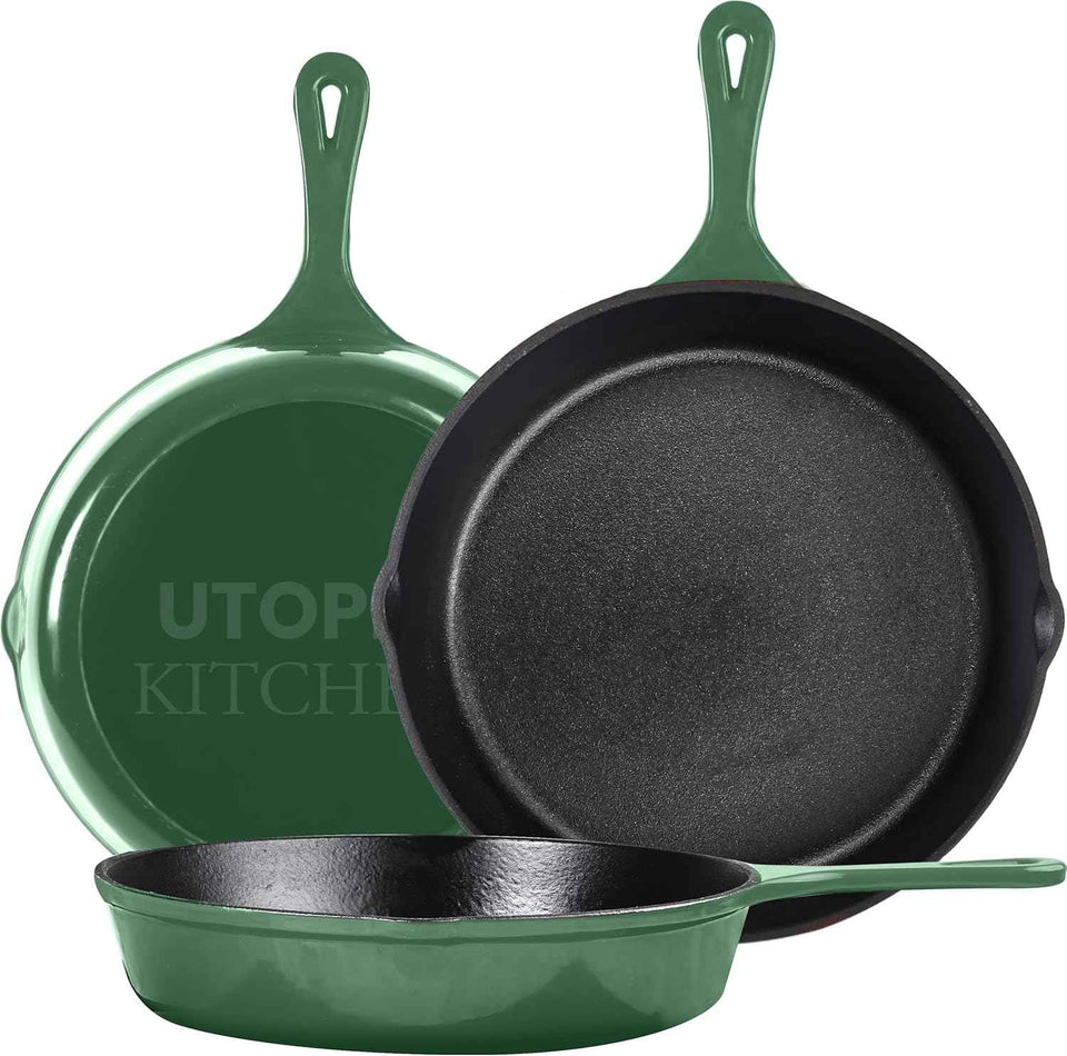 Utopia Kitchen Cast iron Skillets 3 Piece Set, Chefs Pan, Pre Seasoned Cast iron Skillets, 6, 8 & 10 Inches, Easy Use in the Oven, Stove, Grill, or Campfire, Black