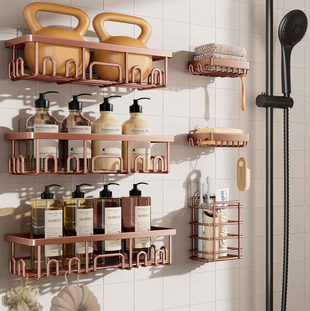 Veken Shower Caddy 6-Pack, Advanced Rustproof Design, No Drilling Adhesive Shelves, Rack with Soap Holder, Large Capacity Bathroom Organizers and Storage, Wall-Mounted Kitchen & Home Decor